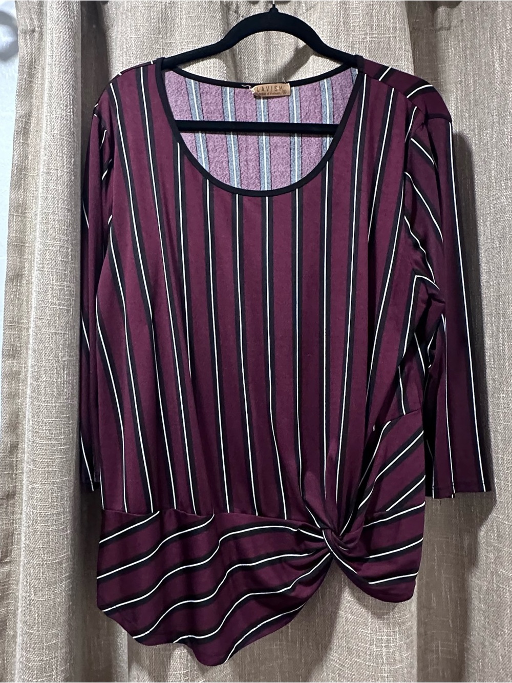 Lavish Plum and Black Striped Twist-Hem Long Sleeve Top